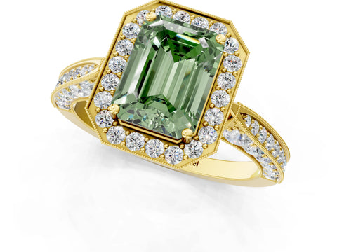 Yellow gold Fancy Green Emerald Cut Halo Diamond Engagement Ring with Split Shank Band and Four-Prong Setting_1