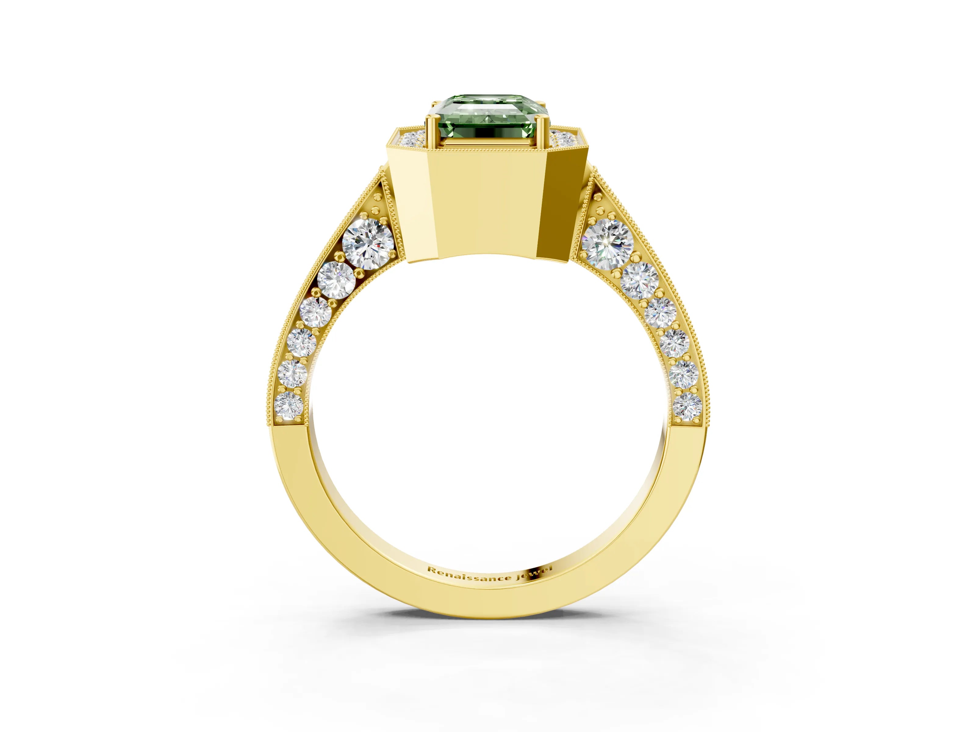 Yellow gold Fancy Green Emerald Cut Halo Diamond Engagement Ring with Split Shank Band and Four-Prong Setting_3