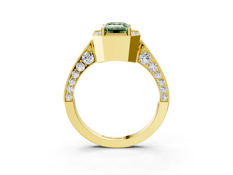 Yellow gold Fancy Green Emerald Cut Halo Diamond Engagement Ring with Split Shank Band and Four-Prong Setting_3