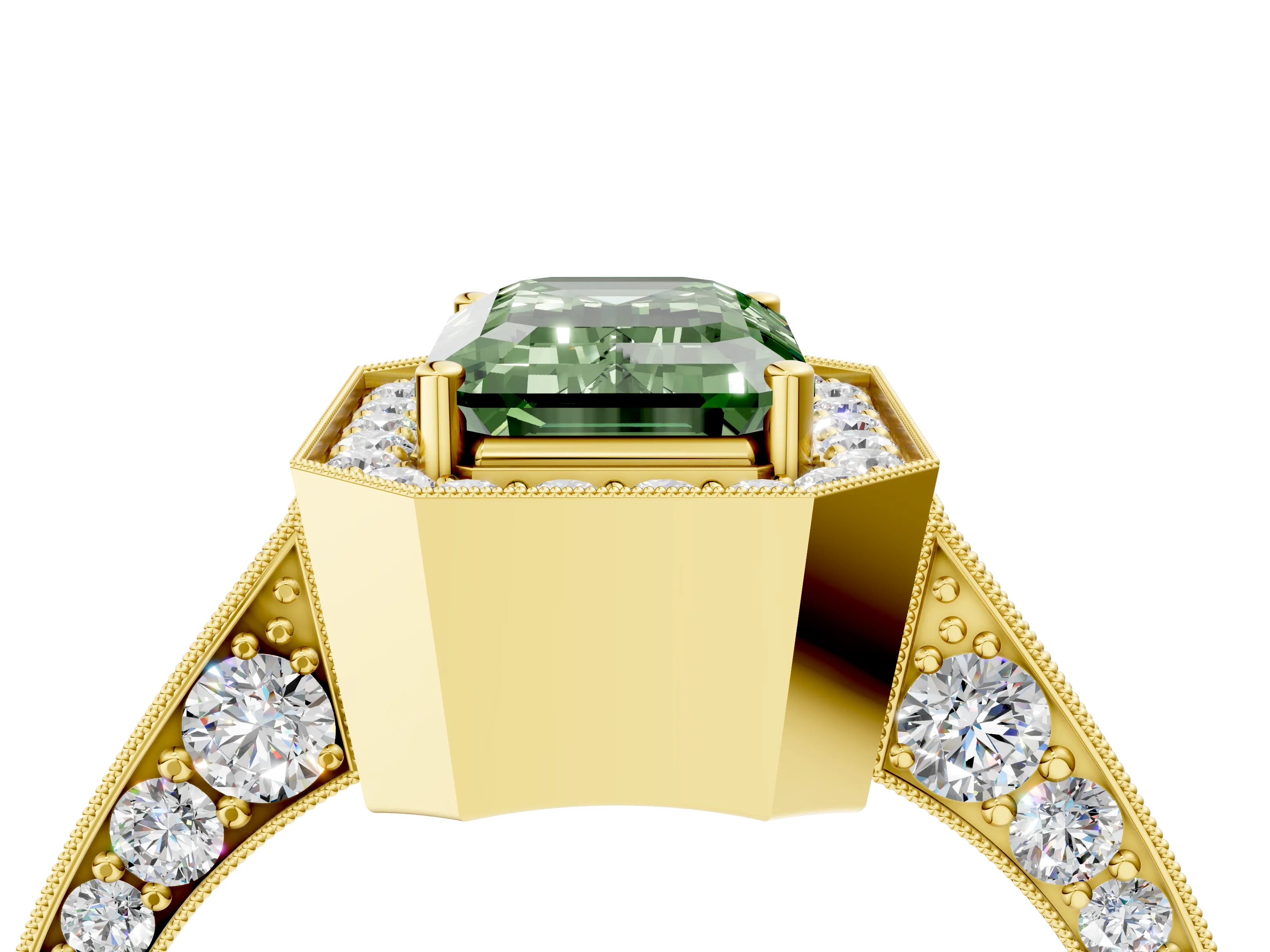 Yellow gold Fancy Green Emerald Cut Halo Diamond Engagement Ring with Split Shank Band and Four-Prong Setting_4