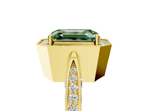 Yellow gold Fancy Green Emerald Cut Halo Diamond Engagement Ring with Split Shank Band and Four-Prong Setting_5