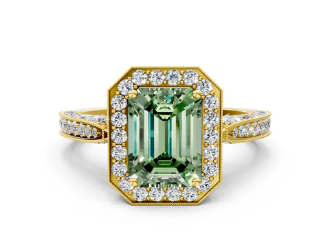 Yellow gold Fancy Green Emerald Cut Halo Diamond Engagement Ring with Split Shank Band and Four-Prong Setting