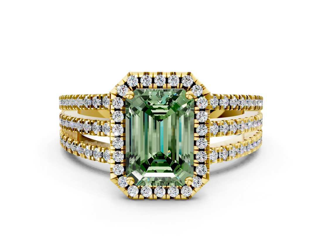 Yellow gold Fancy Green Emerald  Cut Halo Diamond Engagement Ring with Split Shank and Four-Prong Setting_20