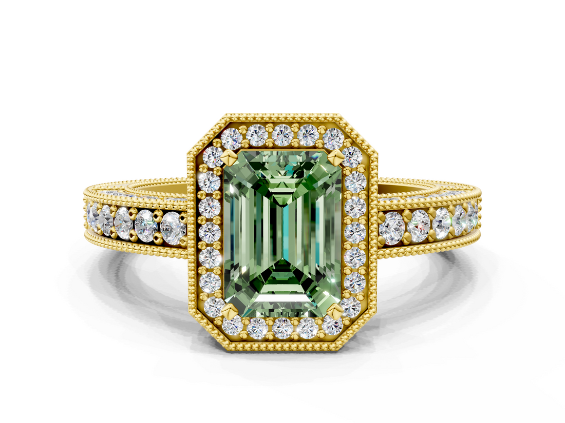 Yellow gold Fancy Green Emerald  Cut Halo Diamond Pave Band Ring with Four-Prong Setting_45