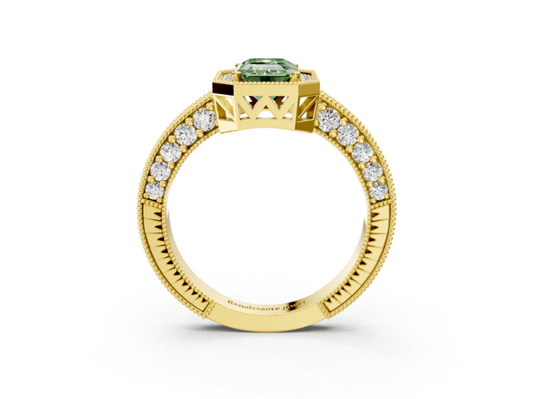 Yellow gold Fancy Green Emerald  Cut Halo Diamond Pave Band Ring with Four-Prong Setting