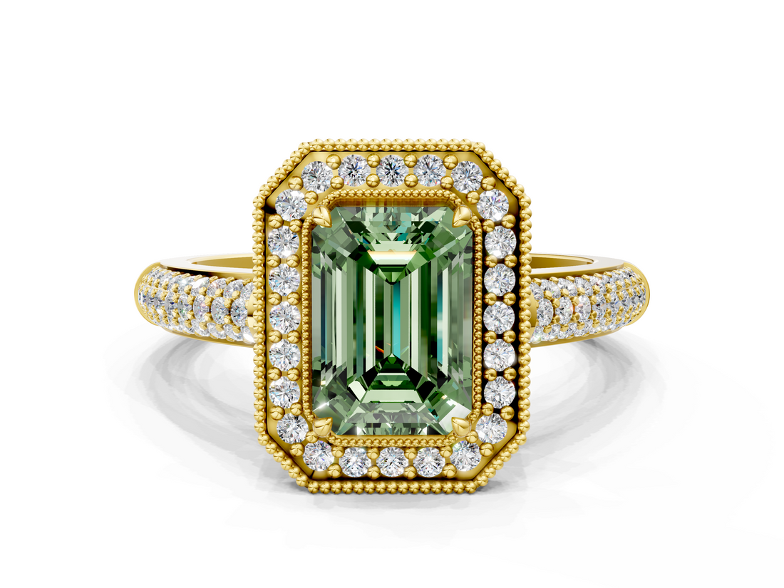 Yellow gold Fancy Green Emerald  Cut Halo Diamond Pave Band with Four-Prong Setting_36