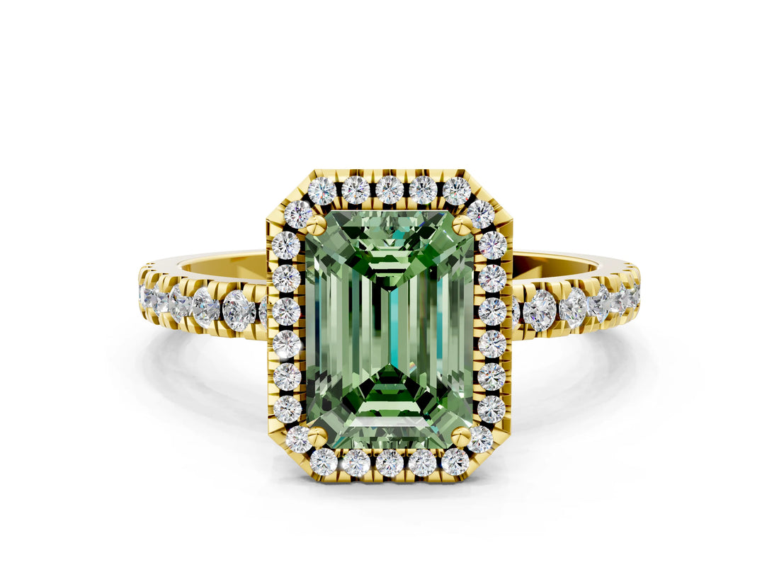Yellow gold Fancy Green Emerald Cut Halo Diamond Pave Band with Prong Setting