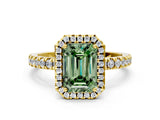 Yellow gold Fancy Green Emerald Cut Halo Diamond Pave Band with Prong Setting