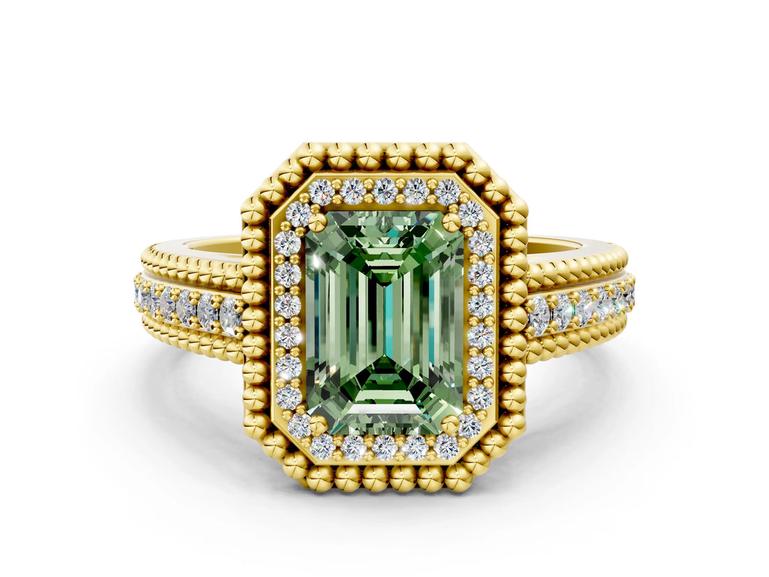 Yellow gold Fancy Green Emerald Cut Halo Diamond Ring with Beaded Split Shank and Four-Prong Setting
