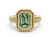 Yellow gold Fancy Green Emerald Cut Halo Diamond Ring with Beaded Split Shank and Four-Prong Setting