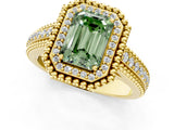 Yellow gold Fancy Green Emerald Cut Halo Diamond Ring with Beaded Split Shank and Four-Prong Setting_1
