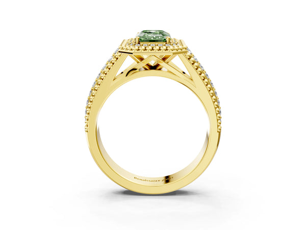 Yellow Gold Emerald Cut Beaded Halo Engagement Ring Setting for Fancy Green Center with Pave