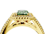 Yellow gold Fancy Green Emerald Cut Halo Diamond Ring with Beaded Split Shank and Four-Prong Setting_4