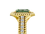 Yellow gold Fancy Green Emerald Cut Halo Diamond Ring with Beaded Split Shank and Four-Prong Setting_5