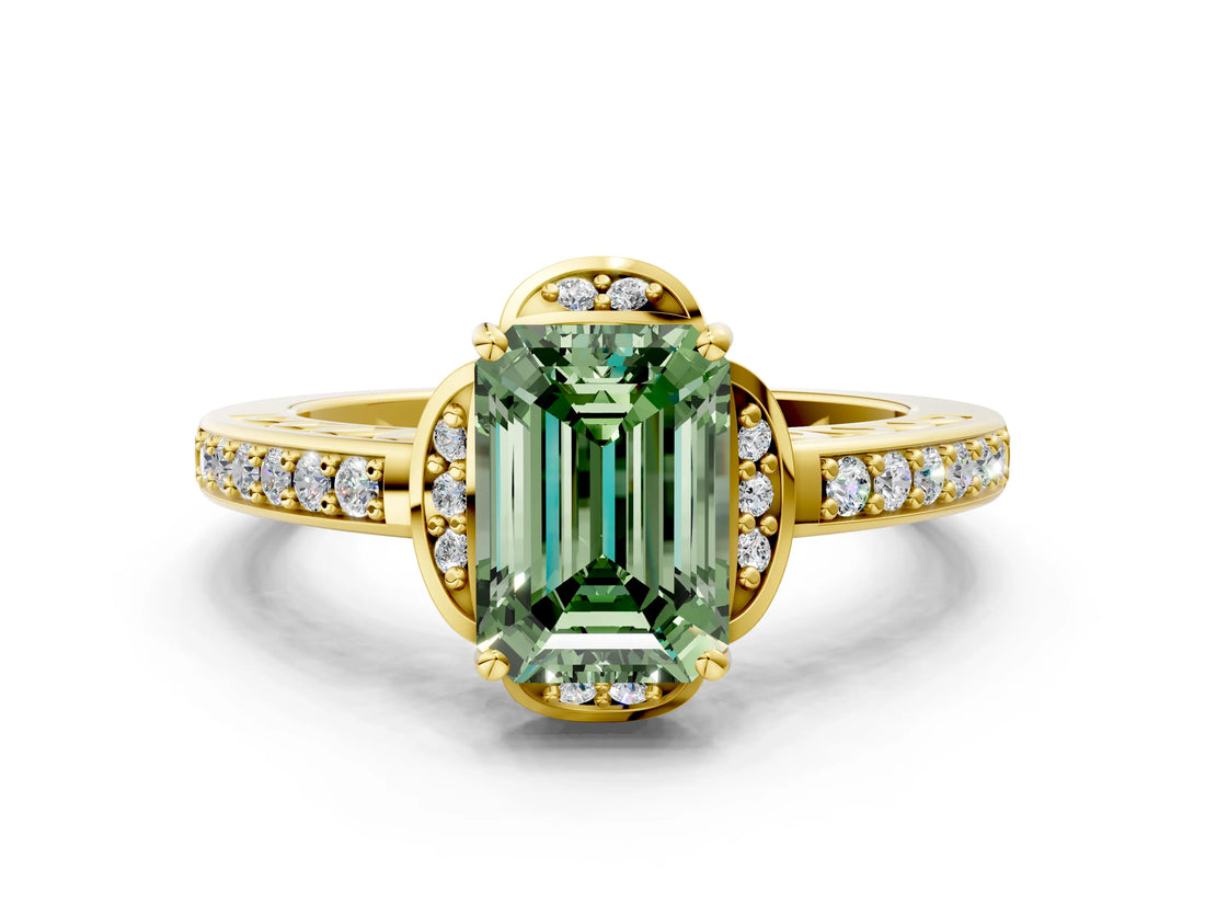 Yellow gold Fancy Green Emerald  Cut Halo Diamond Ring with Channel Set Band and Four-Prong Setting_32