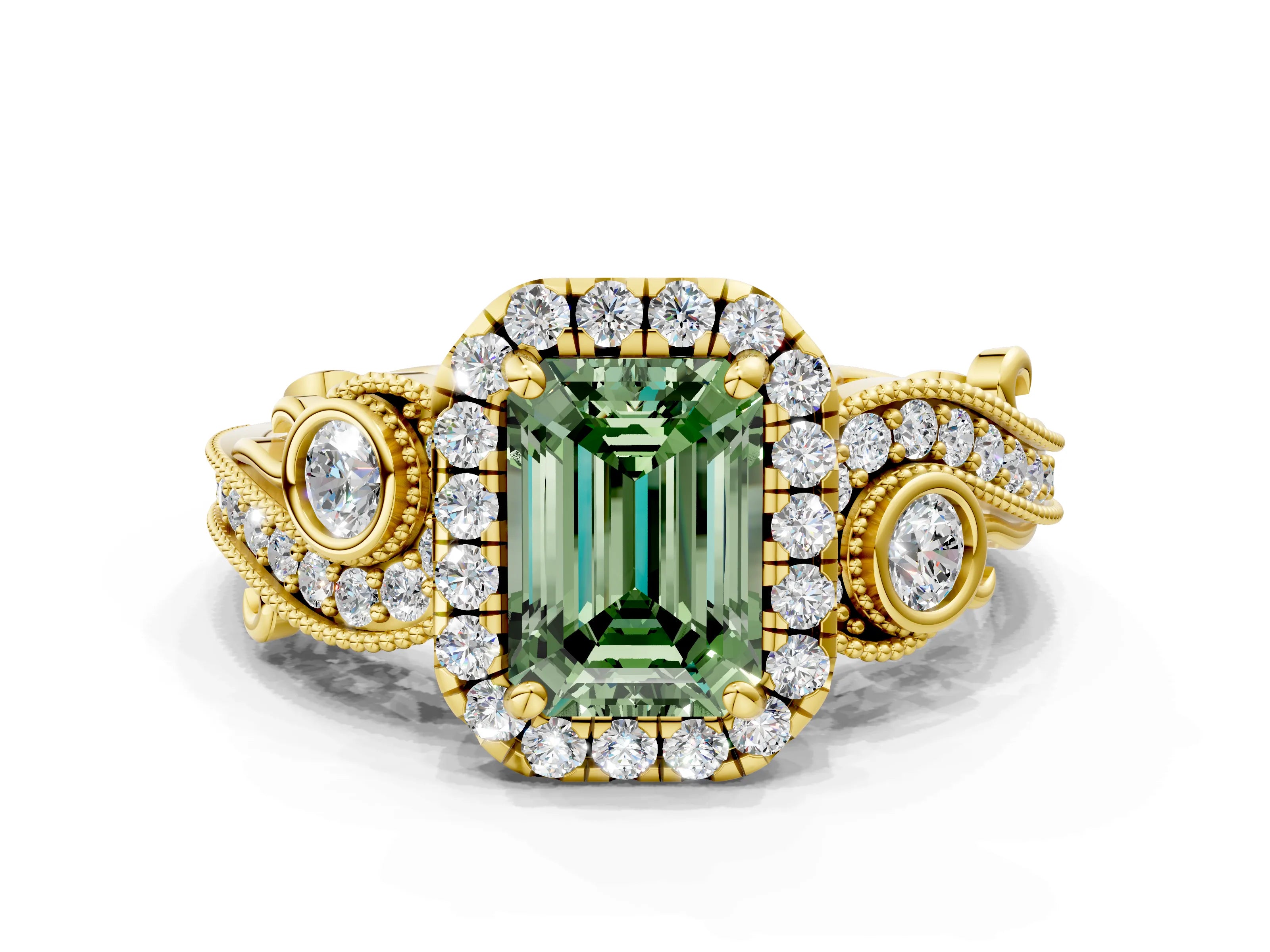 Yellow gold Fancy Green Emerald Cut Halo Diamond Ring with Milgrain and Bezel Accents on a Split Shank Band