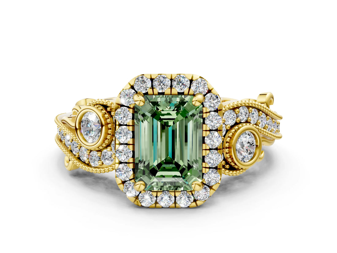 Yellow gold Fancy Green Emerald Cut Halo Diamond Ring with Milgrain and Bezel Accents on a Split Shank Band_12