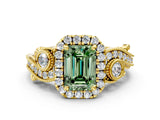 Yellow gold Fancy Green Emerald Cut Halo Diamond Ring with Milgrain and Bezel Accents on a Split Shank Band_12