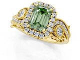 Yellow gold Fancy Green Emerald Cut Halo Diamond Ring with Milgrain and Bezel Accents on a Split Shank Band_13