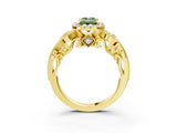 Yellow gold Fancy Green Emerald Cut Halo Diamond Ring with Milgrain and Bezel Accents on a Split Shank Band_15