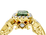 Yellow gold Fancy Green Emerald Cut Halo Diamond Ring with Milgrain and Bezel Accents on a Split Shank Band_16