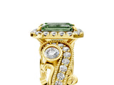 Yellow gold Fancy Green Emerald Cut Halo Diamond Ring with Milgrain and Bezel Accents on a Split Shank Band_17