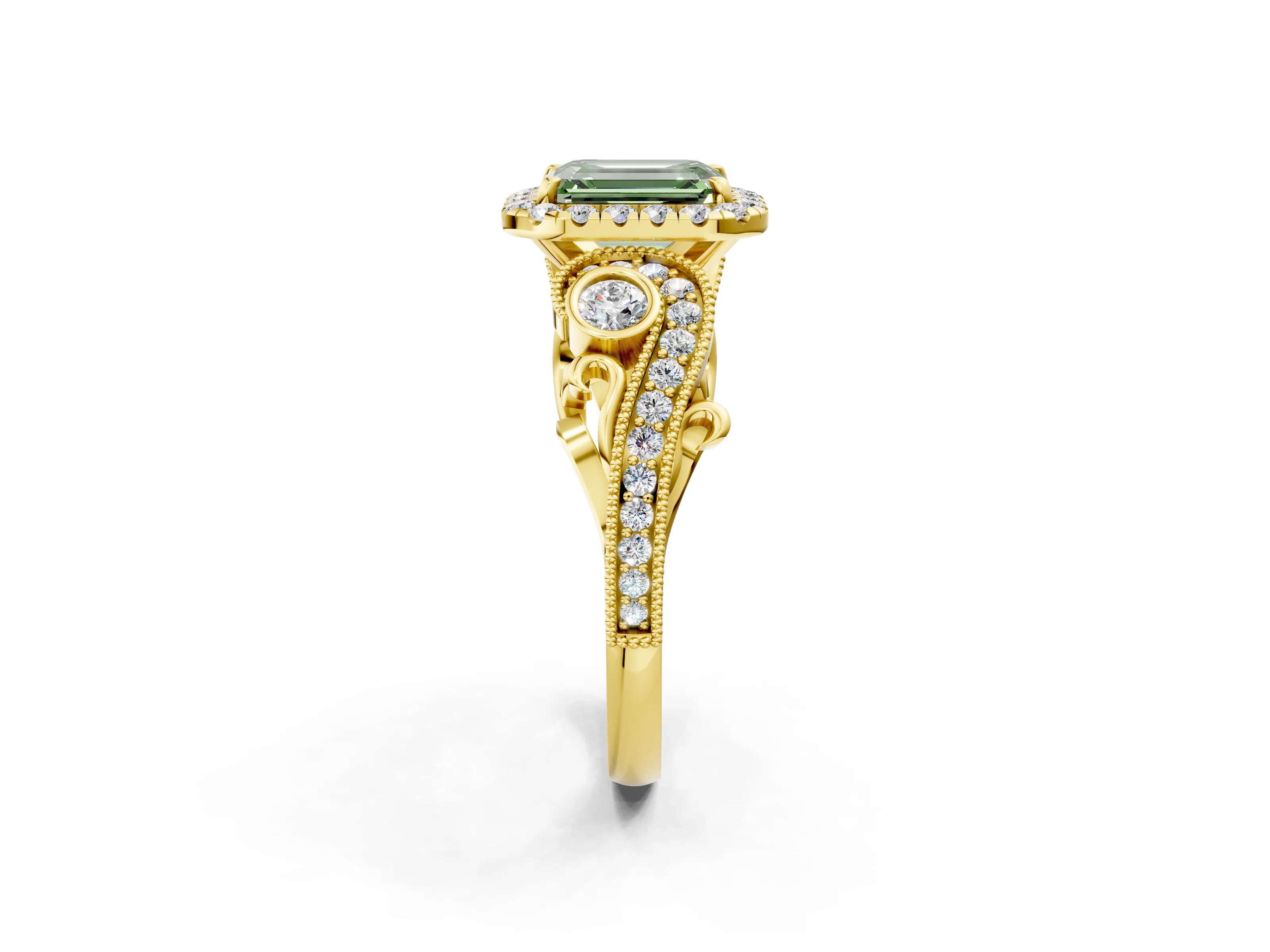 Yellow gold Fancy Green Emerald Cut Halo Diamond Ring with Milgrain and Bezel Accents on a Split Shank Band_2