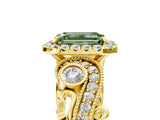 Yellow gold Fancy Green Emerald Cut Halo Diamond Ring with Milgrain and Bezel Accents on a Split Shank Band_29