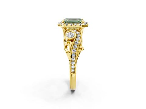 Yellow gold Fancy Green Emerald Cut Halo Diamond Ring with Milgrain and Bezel Accents on a Split Shank Band_2