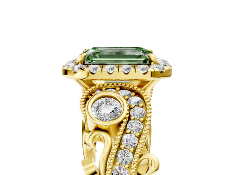 Yellow gold Fancy Green Emerald Cut Halo Diamond Ring with Milgrain and Bezel Accents on a Split Shank Band_5