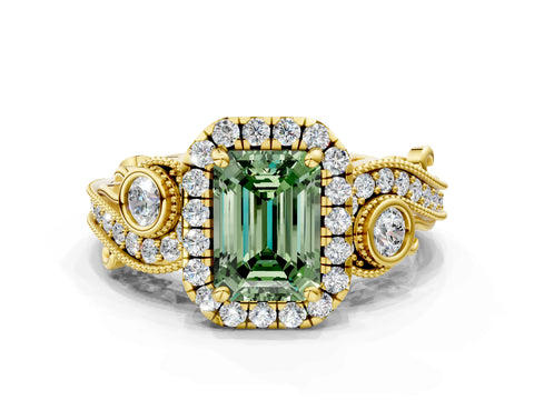 Yellow gold Fancy Green Emerald Cut Halo Diamond Ring with Milgrain and Bezel Accents on a Split Shank Band