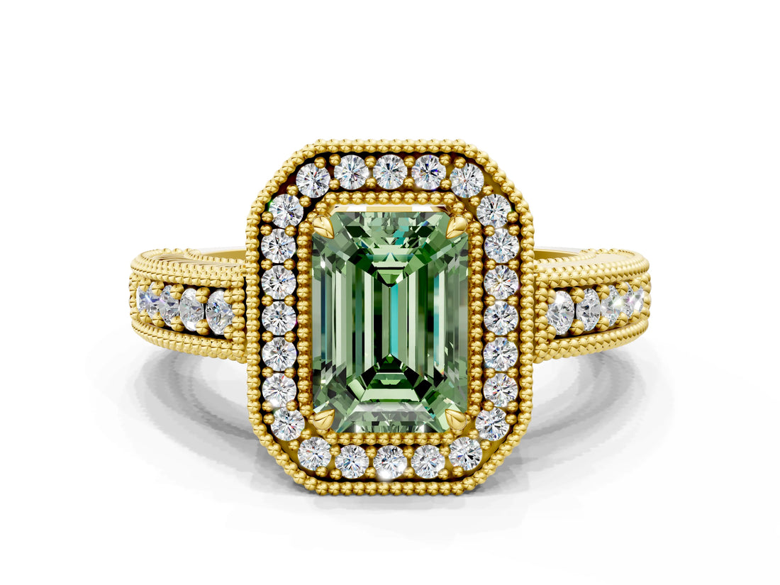 Yellow gold Fancy Green Emerald  Cut Halo Diamond Ring with Pavé Band and Four-Prong Setting_68