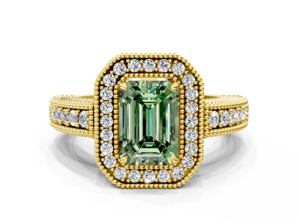 Yellow gold Fancy Green Emerald  Cut Halo Diamond Ring with Pavé Band and Four-Prong Setting