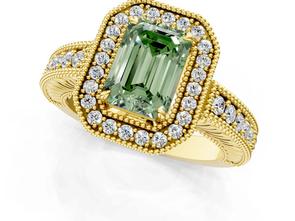 Yellow gold Fancy Green Emerald  Cut Halo Diamond Ring with Pavé Band and Four-Prong Setting