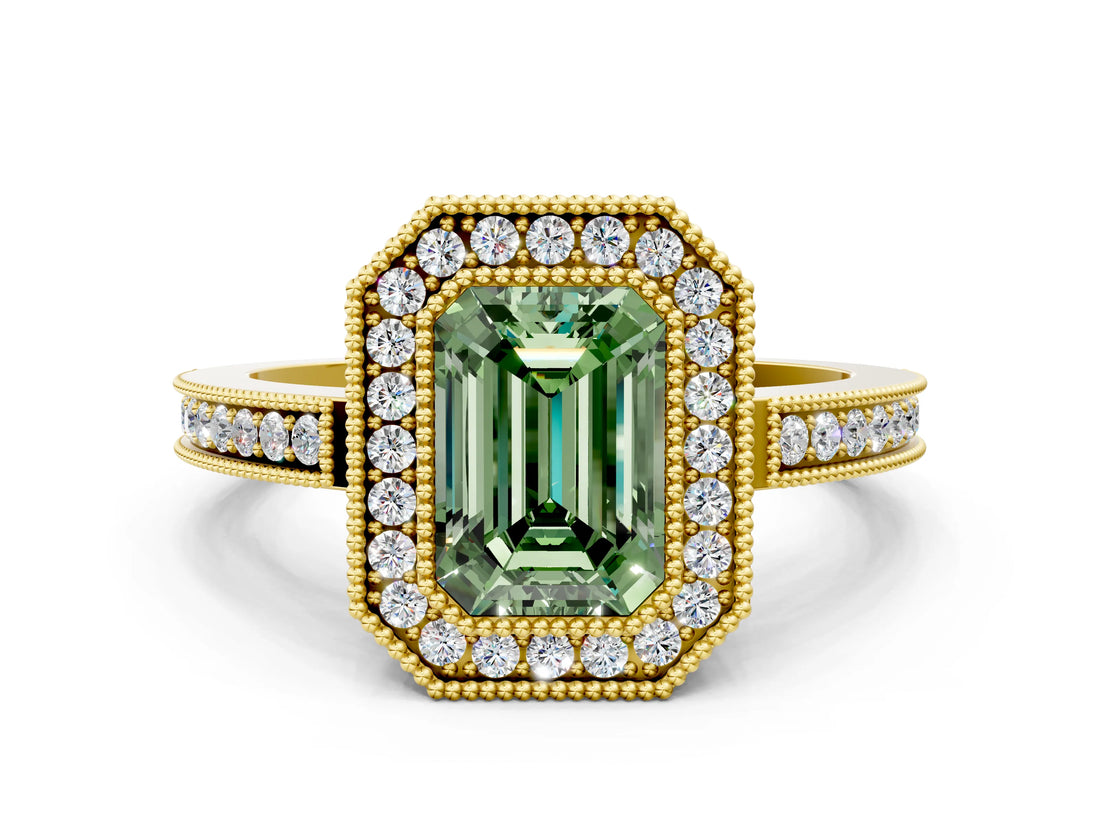 Yellow gold Fancy Green Emerald  Cut Halo Diamond Ring with Pavé Band and Milgrain Prong Setting_32