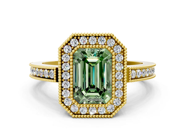 Yellow gold Fancy Green Emerald  Cut Halo Diamond Ring with Pavé Band and Milgrain Prong Setting