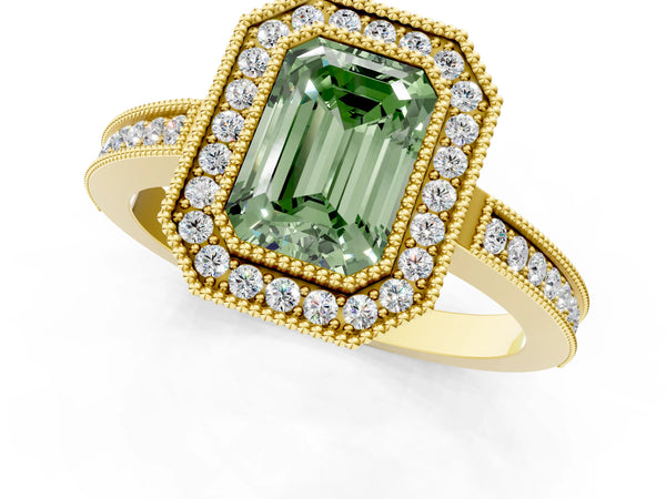 Yellow gold Fancy Green Emerald  Cut Halo Diamond Ring with Pavé Band and Milgrain Prong Setting
