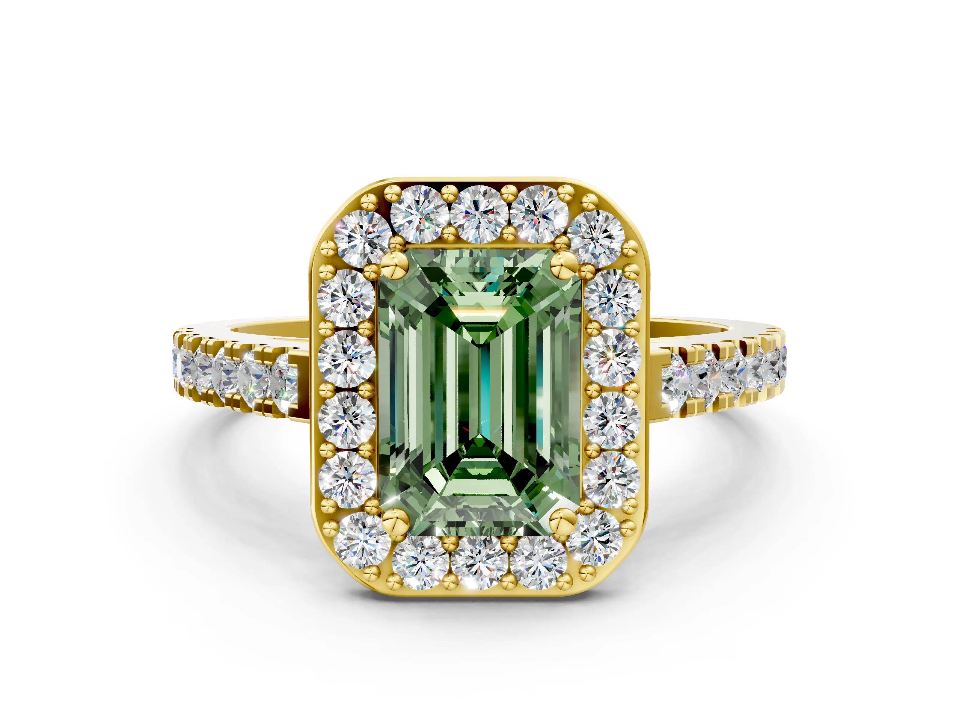 Yellow gold Fancy Green Emerald Cut Halo Diamond Ring with Pavé Band and Three-Prong Setting