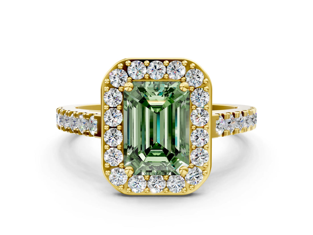 Yellow gold Fancy Green Emerald Cut Halo Diamond Ring with Pavé Band and Three-Prong Setting