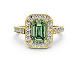 Yellow gold Fancy Green Emerald Cut Halo Diamond Ring with Pavé Band and Three-Prong Setting