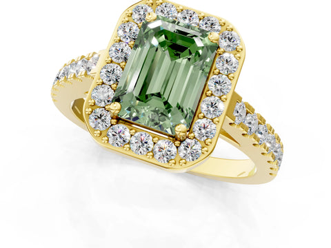 Yellow gold Fancy Green Emerald Cut Halo Diamond Ring with Pavé Band and Three-Prong Setting_1