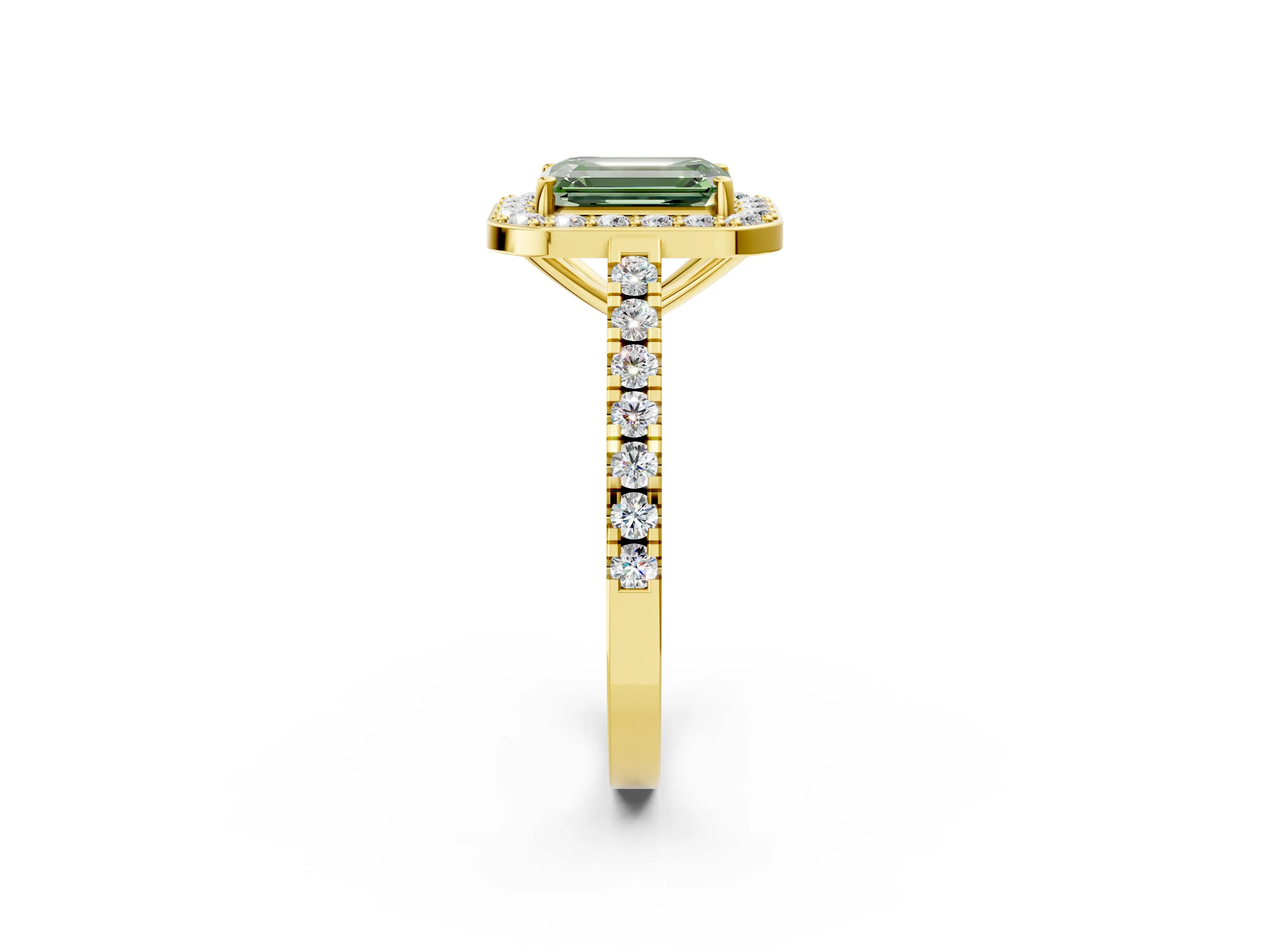 Yellow gold Fancy Green Emerald Cut Halo Diamond Ring with Pavé Band and Three-Prong Setting_2