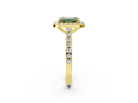 Yellow gold Fancy Green Emerald Cut Halo Diamond Ring with Pavé Band and Three-Prong Setting_2