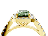 Yellow gold Fancy Green Emerald Cut Halo Diamond Ring with Pavé Band and Three-Prong Setting_4