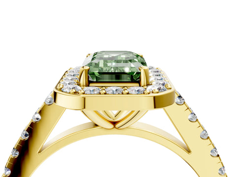Yellow gold Fancy Green Emerald Cut Halo Diamond Ring with Pavé Band and Three-Prong Setting_4