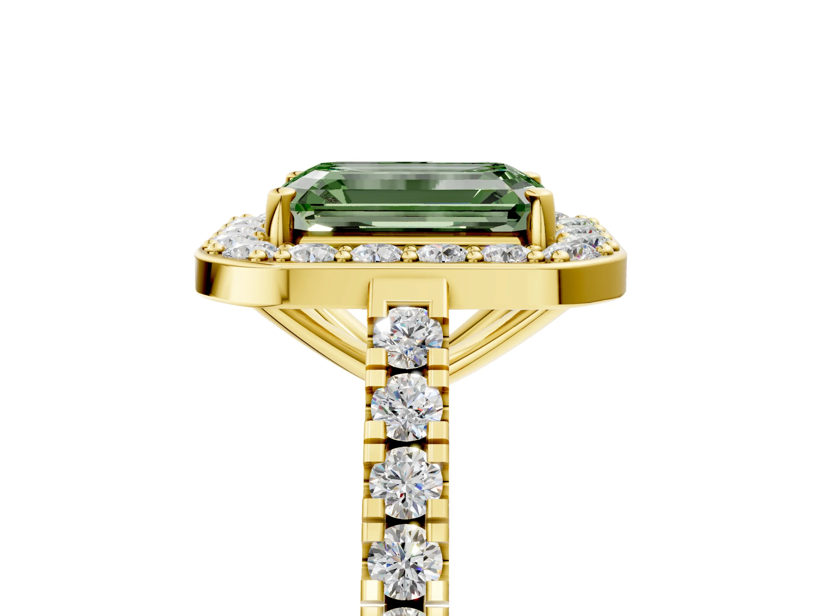 Yellow gold Fancy Green Emerald Cut Halo Diamond Ring with Pavé Band and Three-Prong Setting_5