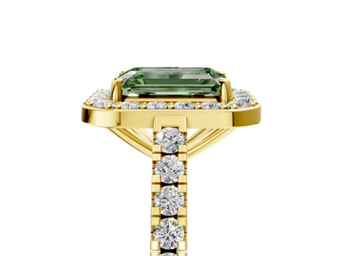 Yellow gold Fancy Green Emerald Cut Halo Diamond Ring with Pavé Band and Three-Prong Setting_5