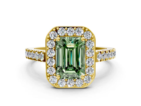 Yellow gold Fancy Green Emerald Cut Halo Diamond Ring with Pavé Band and Three-Prong Setting