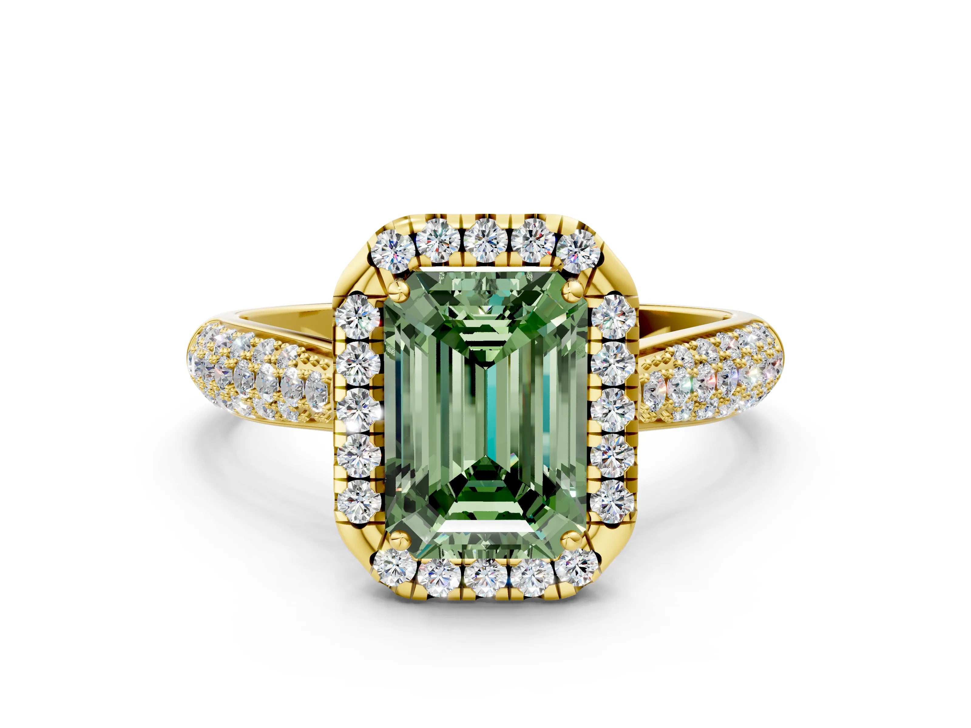 Yellow gold Fancy Green Emerald Cut Halo Diamond Ring with Pavé Band