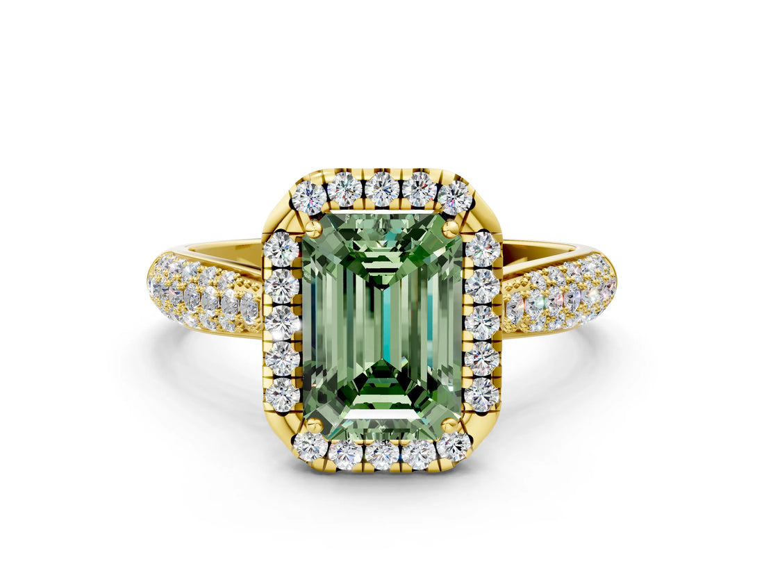 Yellow gold Fancy Green Emerald Cut Halo Diamond Ring with Pavé Band